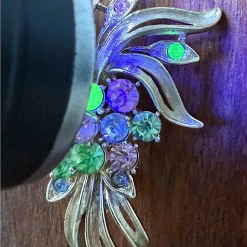 VTG Coro Uranium Glass Colorful Rhinestone Brooch Floral Fruit Gold Tone